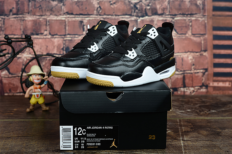 Kids Air Jordan 4 Black White Yellow Shoes